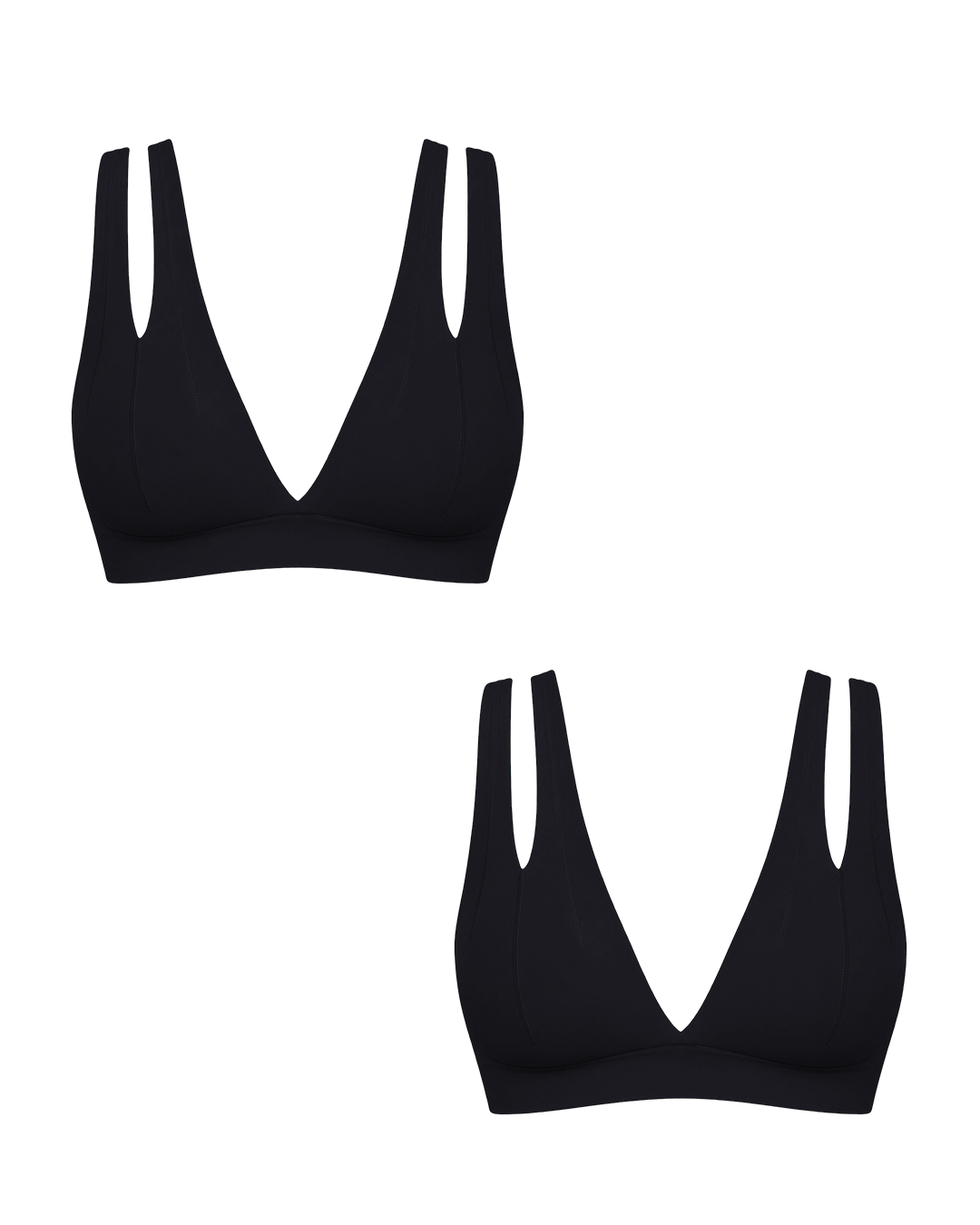 Two black wireless triangle bralettes with double shoulder straps, shown on a plain white background.