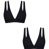 Two black wireless triangle bralettes with double shoulder straps, shown on a plain white background.