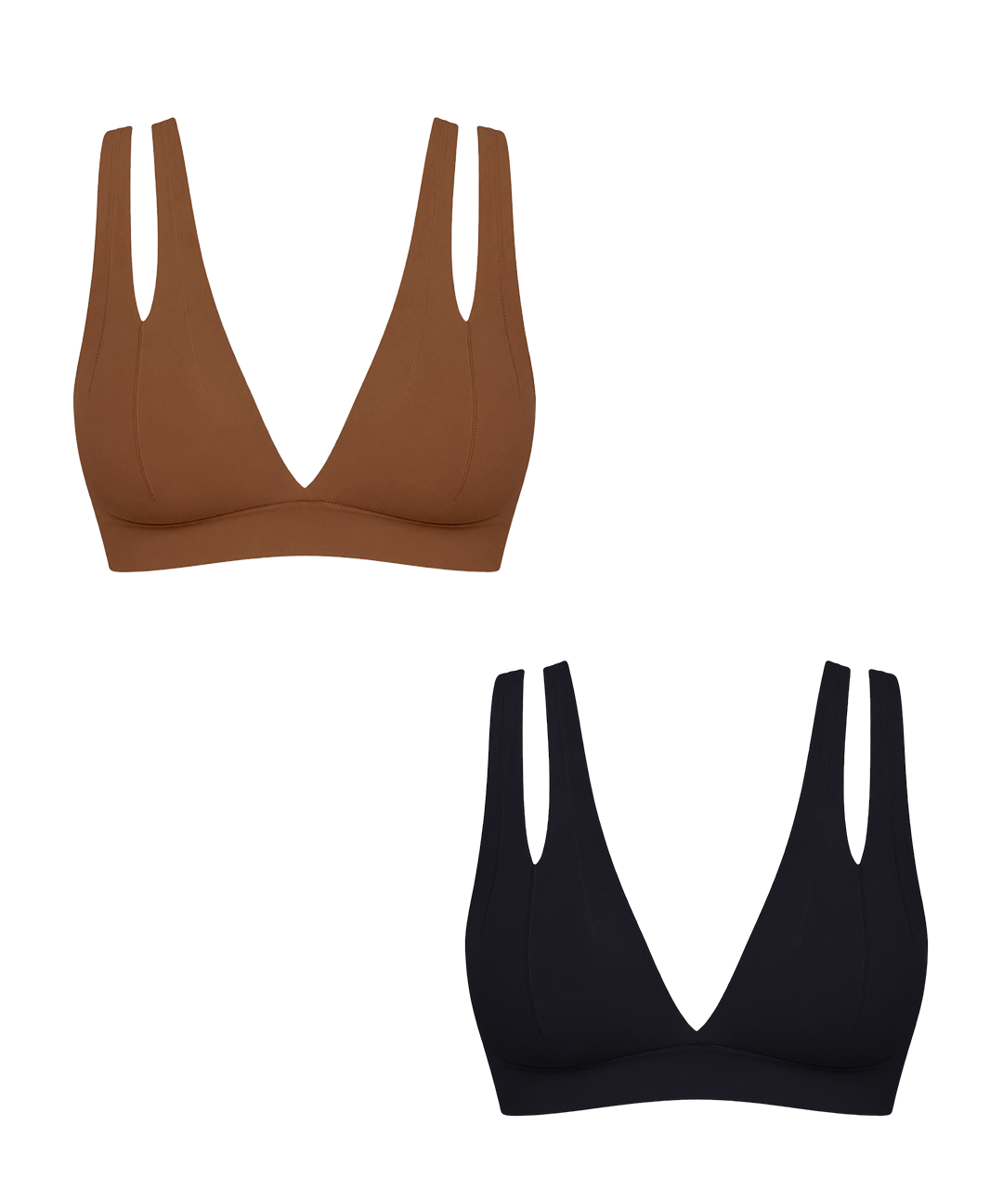 Two wireless triangle bralettes with double shoulder straps, shown on a plain white background. One in a warm brown, the other in black.