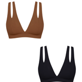 Two wireless triangle bralettes with double shoulder straps, shown on a plain white background. One in a warm brown, the other in black.