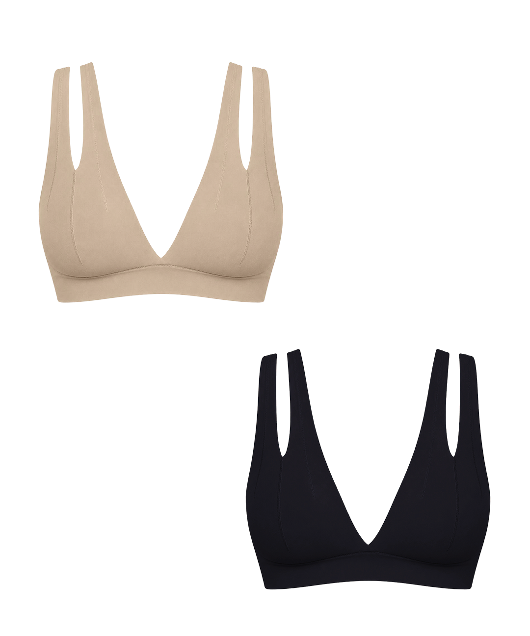Two wireless triangle bralettes with double shoulder straps, shown on a plain white background. One in beige, one in black.