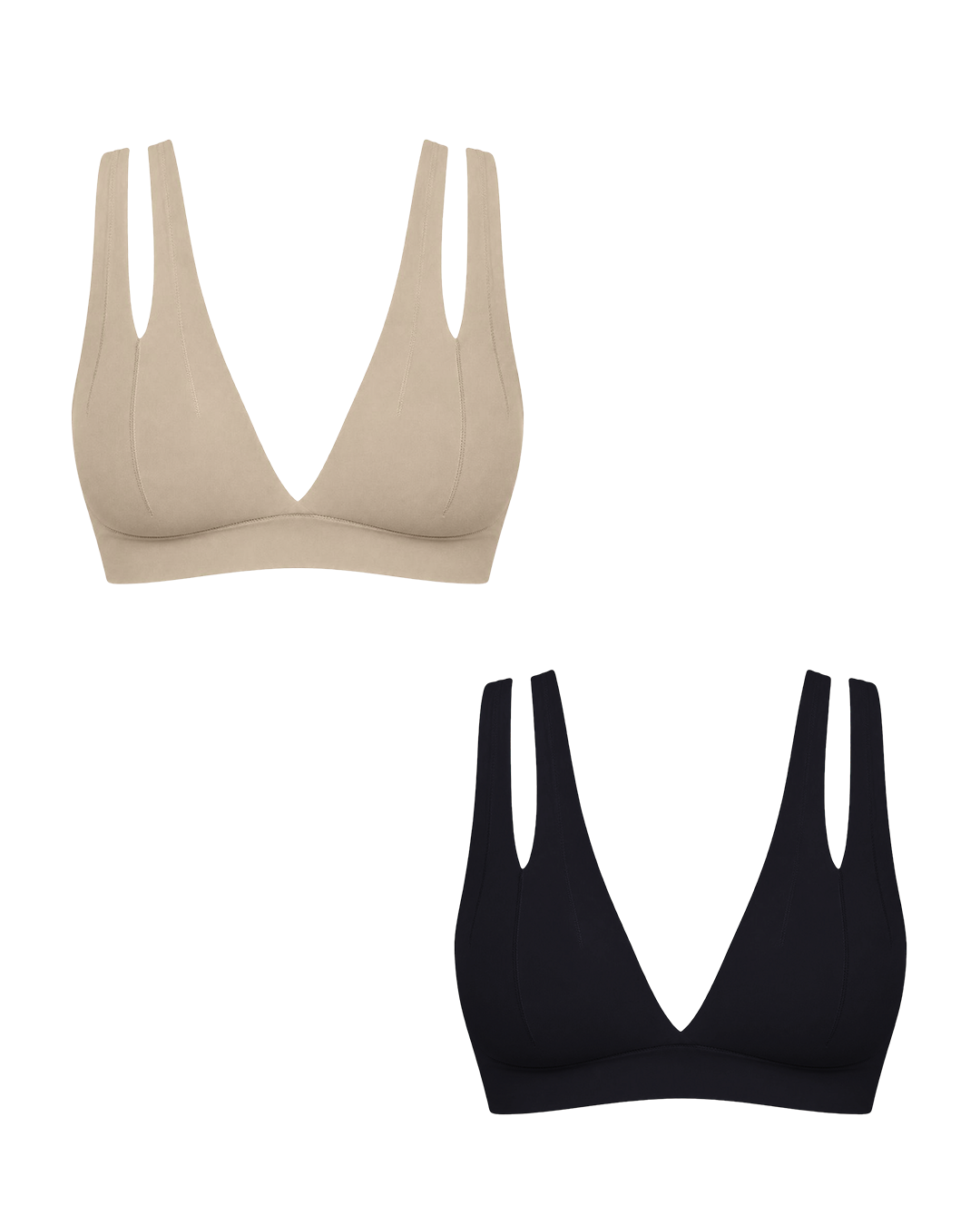 Two wireless triangle bralettes with double shoulder straps, shown on a plain white background. One in beige, one in black.