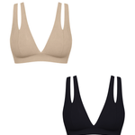 Two wireless triangle bralettes with double shoulder straps, shown on a plain white background. One in beige, one in black.
