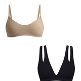 Two wireless bralettes, one in beige and one in black, shown on a plain white background. The black has double shoulder straps, while the beige has slim singular starps.