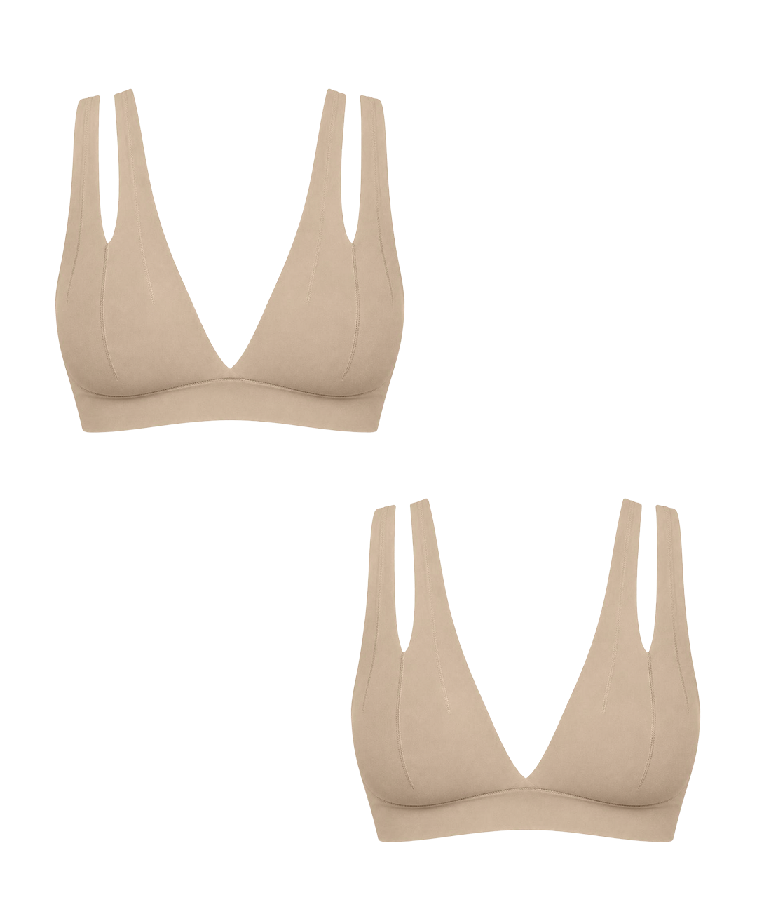 Two beige wireless triangle bralettes with double shoulder straps, shown on a plain white background.