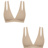 Two beige wireless triangle bralettes with double shoulder straps, shown on a plain white background.