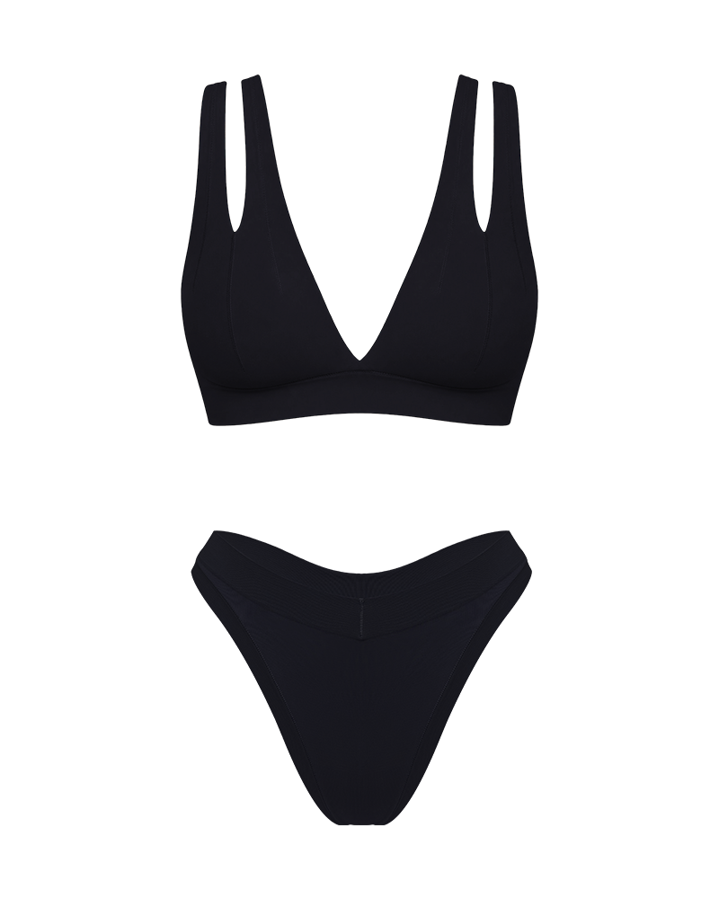 A two-piece black underwear set featuring a plunge top with double shoulder straps and matching thong, displayed on a solid white background.