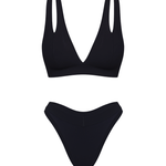 A two-piece black underwear set featuring a plunge top with double shoulder straps and matching thong, displayed on a solid white background.