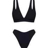 A two-piece black underwear set featuring a plunge top with double shoulder straps and matching thong, displayed on a solid white background.