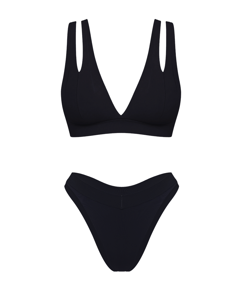 A two-piece black underwear set featuring a plunge top with double shoulder straps and matching thong, displayed on a solid white background.