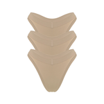 Three stacked nude beige thong underwear stacked on a solid white background.
