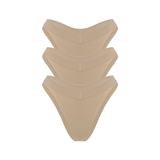 Three stacked nude beige thong underwear stacked on a solid white background.