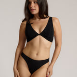 Woman wearing a black twist system and thong against a plain background