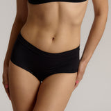 Person wearing black high-waisted underwear on a plain background