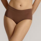 A mid-rise brown brief underwear with a seamless design, showing the waistband and part of the leg openings.