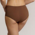A mid-rise brown brief underwear with a seamless design, showing the waistband and part of the leg openings.