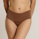 A person wearing a pair of brown, mid-rise women's underwear.