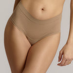 A pair of beige, mid-rise women's underwear.