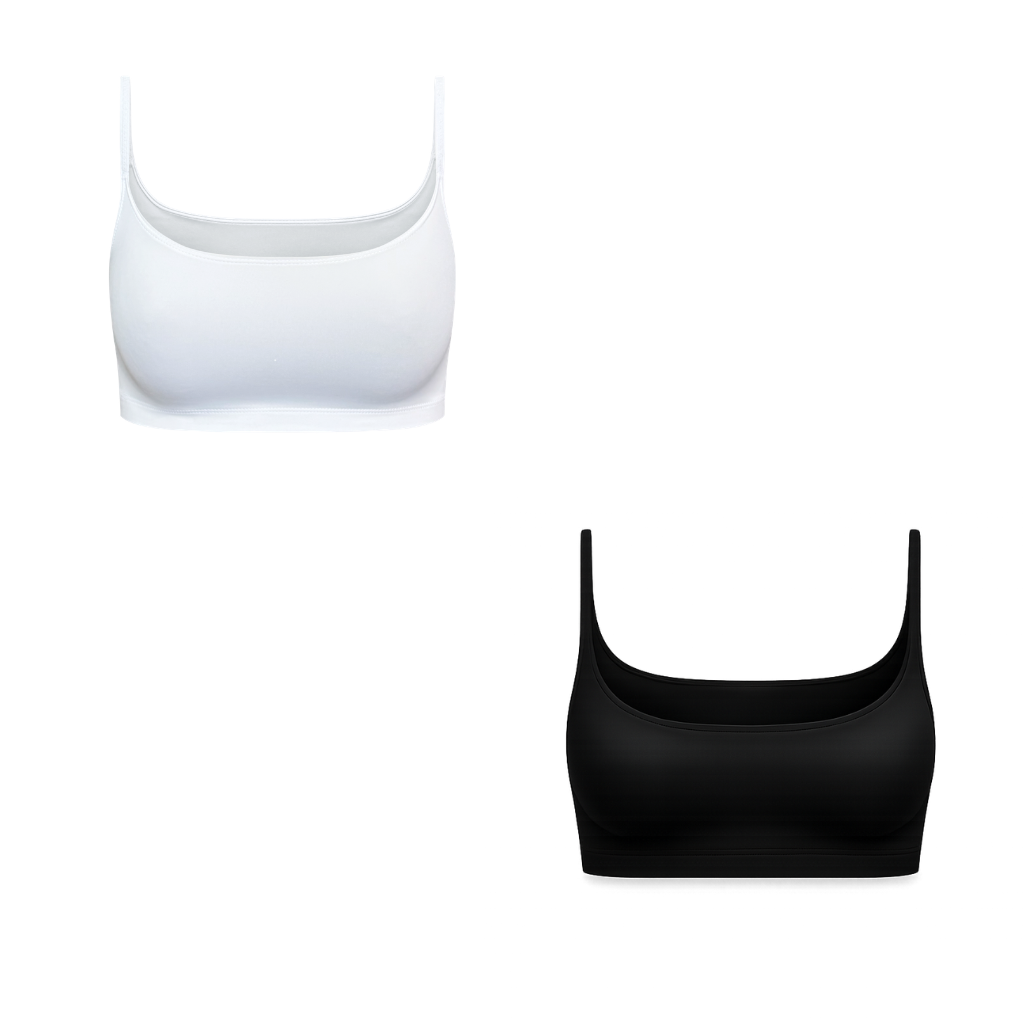 Two wireless scoop-neck camisole cropped tank tops shown on a plain white background, one in white at the top left and one in black at the bottom right.