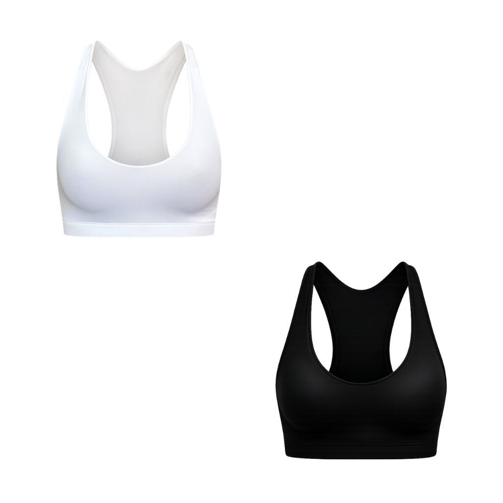 Two racerback sports bras shown on a plain white background: one white bra at the top left and one black bra at the bottom right.
