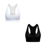 Two racerback sports bras shown on a plain white background: one white bra at the top left and one black bra at the bottom right.
