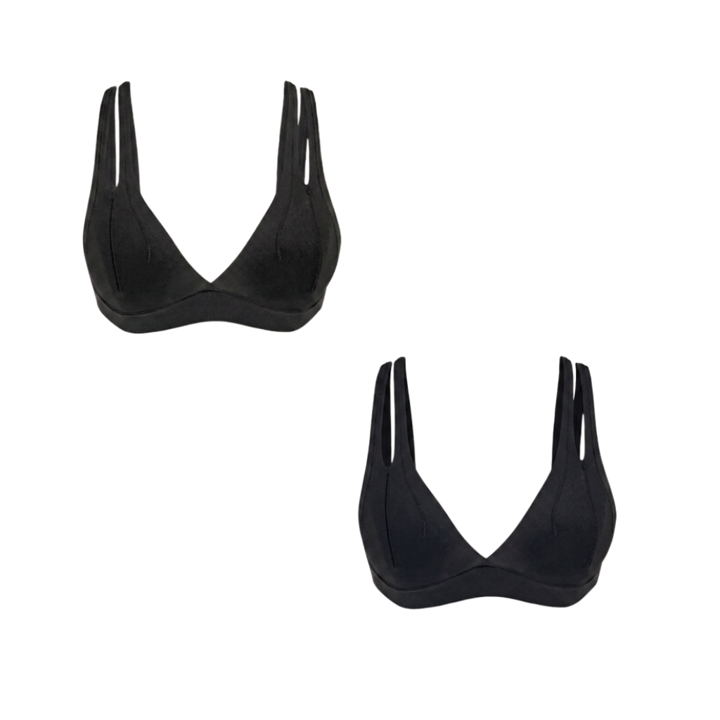 Two black bralette tops shown on a plain white background, one above the other.