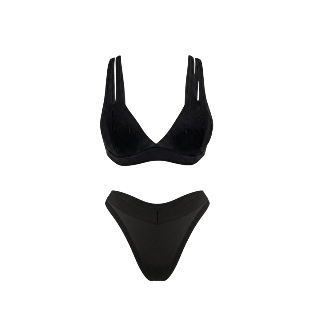 A two-piece black underwear set featuring a V-neck triangle bralette with double shoulder straps and matching thong bottoms, shown flat on a white background.