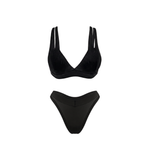 A two-piece black underwear set featuring a V-neck triangle bralette with double shoulder straps and matching thong bottoms, shown flat on a white background.