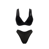 A two-piece black underwear set featuring a V-neck triangle bralette with double shoulder straps and matching thong bottoms, shown flat on a white background.