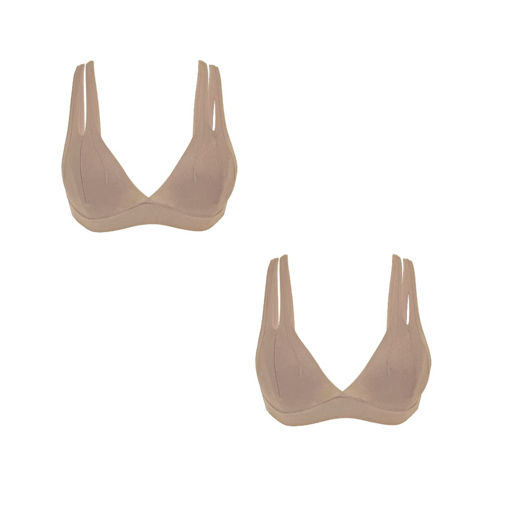 Two beige wireless triangle bralettes with double shoulder straps, shown on a plain white background.