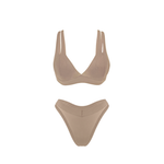 A two-piece underwear set in a solid beige color, featuring a V-neck triangle top with wide shoulder straps and matching thong bottoms, displayed on a clean white background.
