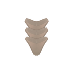 Three stacked, nude/beige underwear briefs on a solid white background.