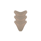Three stacked, nude/beige underwear briefs on a solid white background.