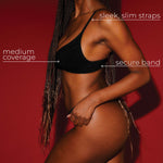 Model wearing a black cami system with text highlighting features on a red background